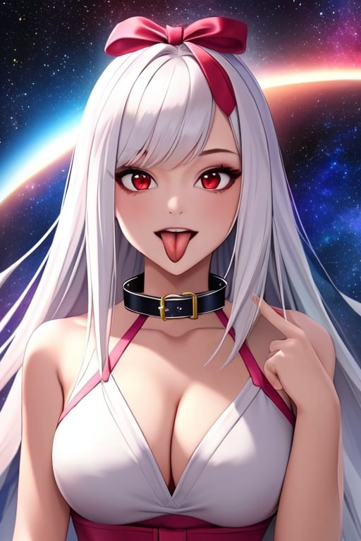 (masterpiece),(best quality), 

1girl, solo, long hair, looking at viewer, smile, open mouth, large breasts, red eyes, ribbon, jewelry, hair ribbon, flower, white hair, tongue, tongue out, collar, star (sky), pink ribbon, space, metal collar