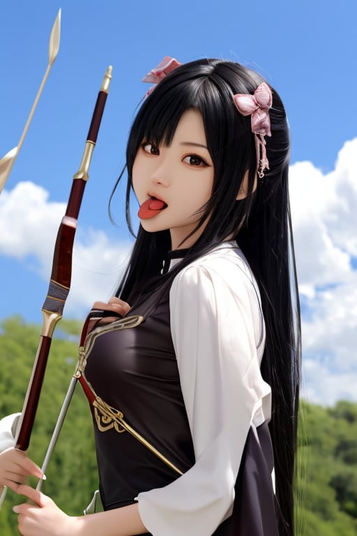 (masterpiece),(best quality), 

1girl, solo, black hair, 1boy, weapon, male focus, sky, day, tongue, cloud, tongue out, parody, :p, bow (weapon), arrow (projectile), quiver, akanbe