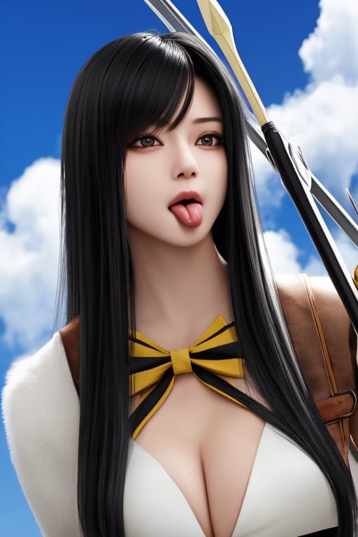 (masterpiece),(best quality), 

1girl, solo, black hair, 1boy, weapon, male focus, sky, day, tongue, cloud, tongue out, parody, :p, bow (weapon), arrow (projectile), quiver, akanbe