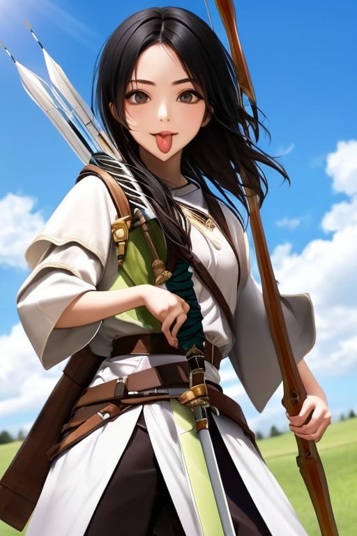 (masterpiece),(best quality), 

1girl, solo, black hair, 1boy, weapon, male focus, sky, day, tongue, cloud, tongue out, parody, :p, bow (weapon), arrow (projectile), quiver, akanbe