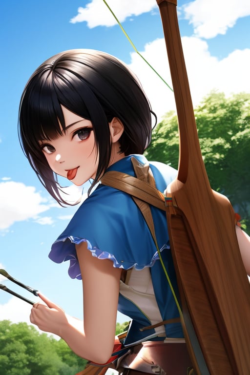 (masterpiece),(best quality), 

1girl, solo, black hair, 1boy, weapon, male focus, sky, day, tongue, cloud, tongue out, parody, :p, bow (weapon), arrow (projectile), quiver, akanbe