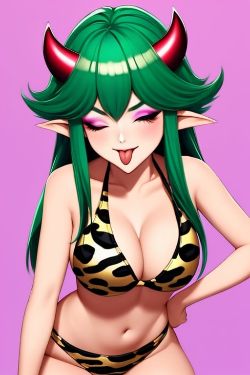 (masterpiece),(best quality), 

1girl, solo, long hair, blue eyes, swimsuit, bikini, one eye closed, green hair, horns, tongue, pointy ears, tongue out, makeup, pink background, animal print, eyeshadow, oni, retro artstyle, tiger print, ;p, akanbe