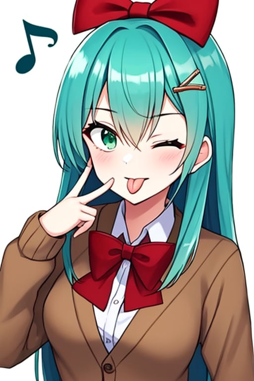 (masterpiece),(best quality), 

1girl, solo, long hair, looking at viewer, simple background, hair ornament, white background, bow, hair between eyes, school uniform, green eyes, jacket, upper body, one eye closed, tongue, hairclip, tongue out, bowtie, red bow, aqua eyes, aqua hair, blazer, cardigan, red bowtie, musical note, brown jacket, brown cardigan, akanbe