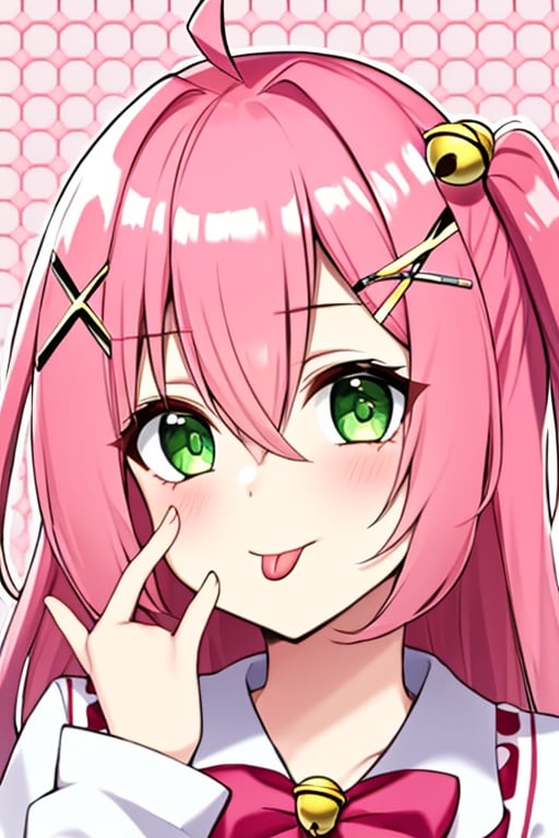 (masterpiece),(best quality), 

1girl, solo, looking at viewer, hair ornament, hair between eyes, green eyes, pink hair, ahoge, tongue, hairclip, tongue out, bell, one side up, polka dot, x hair ornament, :p, hair bell, polka dot background, ok sign, cherry blossom print, akanbe