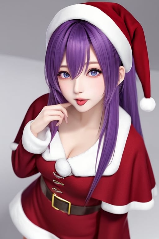 (masterpiece),(best quality), 

1girl, solo, long hair, looking at viewer, blush, hair ornament, hat, dress, hair between eyes, purple eyes, purple hair, ahoge, tongue, tongue out, side ponytail, fur trim, bell, capelet, from above, red dress, christmas, red headwear, :p, santa hat, santa costume, fur-trimmed capelet, fur-trimmed headwear, akanbe