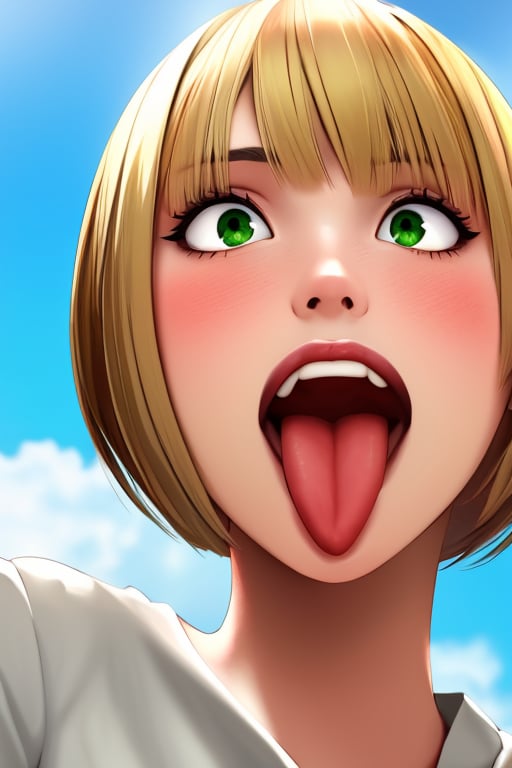 (masterpiece),(best quality), 

1girl, solo, blush, short hair, blonde hair, green eyes, tongue, tongue out, parody, :p, akanbe