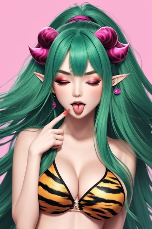 (masterpiece),(best quality), 

1girl, solo, long hair, blue eyes, swimsuit, bikini, one eye closed, green hair, horns, tongue, pointy ears, tongue out, makeup, pink background, animal print, eyeshadow, oni, retro artstyle, tiger print, ;p, akanbe