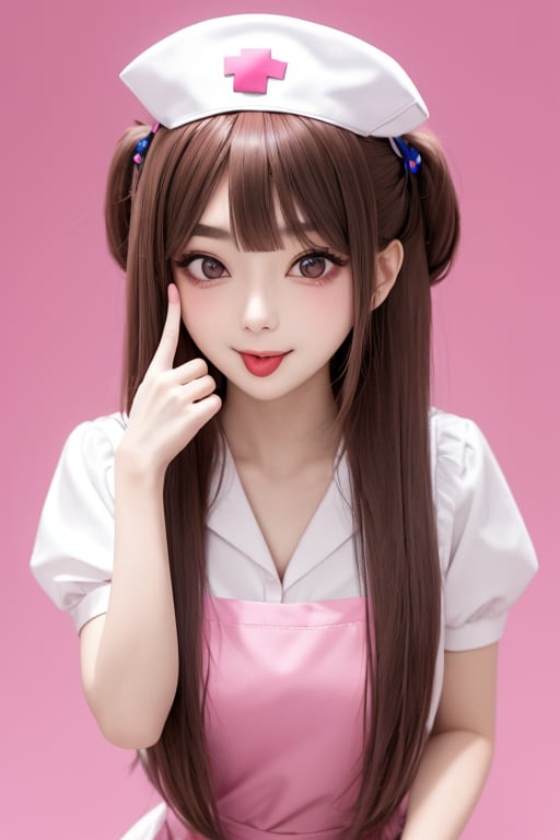 (masterpiece),(best quality), 

1girl, solo, long hair, looking at viewer, blush, smile, shirt, hair ornament, hat, closed mouth, collarbone, white shirt, upper body, short sleeves, heart, tongue, puffy sleeves, collared shirt, hand up, tongue out, pink eyes, two side up, puffy short sleeves, v-shaped eyebrows, pink background, light brown hair, >_<, :p, nurse cap, center frills, pink headwear, rabbit hair ornament, pink apron, akanbe