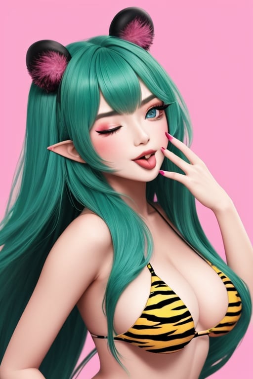 (masterpiece),(best quality), 

1girl, solo, long hair, blue eyes, swimsuit, bikini, one eye closed, green hair, horns, tongue, pointy ears, tongue out, makeup, pink background, animal print, eyeshadow, oni, retro artstyle, tiger print, ;p, akanbe