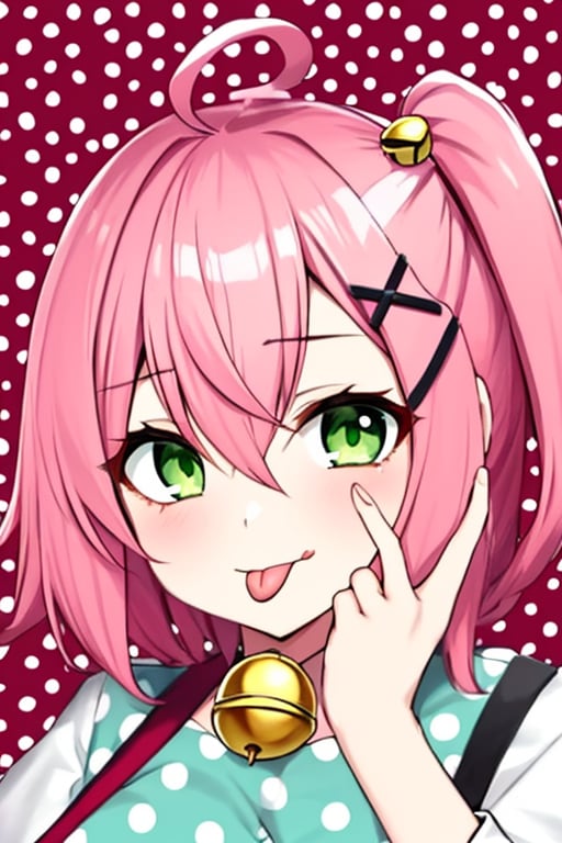 (masterpiece),(best quality), 

1girl, solo, looking at viewer, hair ornament, hair between eyes, green eyes, pink hair, ahoge, tongue, hairclip, tongue out, bell, one side up, polka dot, x hair ornament, :p, hair bell, polka dot background, ok sign, cherry blossom print, akanbe