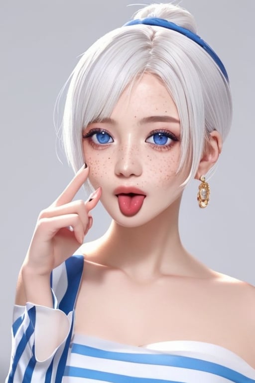 (masterpiece),(best quality), 
1girl, solo, blue eyes, simple background, hair ornament, white background, dress, upper body, white hair, tongue, striped, tongue out, strapless, hair bobbles, :p, forehead, freckles, striped dress, topknot, middle finger, akanbe