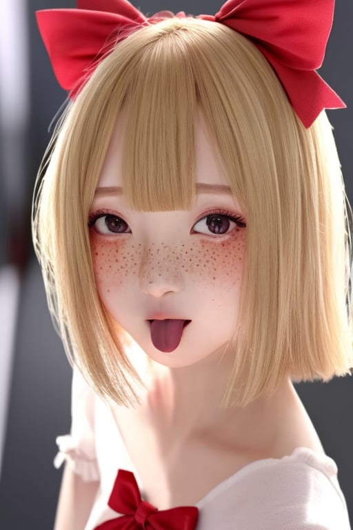 (masterpiece),(best quality), 
1girl, solo, looking at viewer, blush, blonde hair, red eyes, bow, ribbon, hair bow, tongue, tongue out, star (symbol), :p, freckles, akanbe