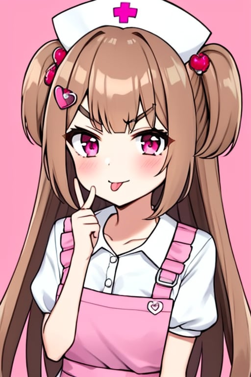 (masterpiece),(best quality), 

1girl, solo, long hair, looking at viewer, blush, smile, shirt, hair ornament, hat, closed mouth, collarbone, white shirt, upper body, short sleeves, heart, tongue, puffy sleeves, collared shirt, hand up, tongue out, pink eyes, two side up, puffy short sleeves, v-shaped eyebrows, pink background, light brown hair, >_<, :p, nurse cap, center frills, pink headwear, rabbit hair ornament, pink apron, akanbe