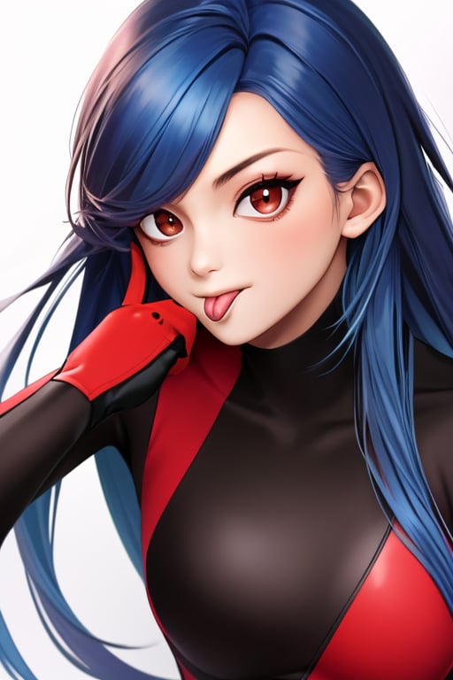 (masterpiece),(best quality), 

1girl, solo, long hair, looking at viewer, red eyes, gloves, brown eyes, medium breasts, blue hair, upper body, tongue, tongue out, bodysuit, :p, akanbe