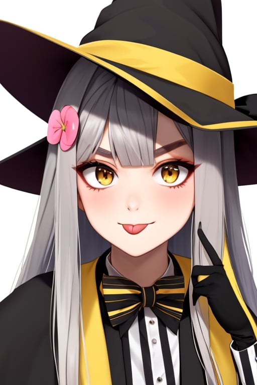 (masterpiece),(best quality), 

1girl, solo, long hair, looking at viewer, blush, smile, simple background, shirt, hair ornament, gloves, long sleeves, hat, white background, bow, closed mouth, yellow eyes, upper body, grey hair, hairband, tongue, black gloves, striped, tongue out, blunt bangs, bowtie, hair bun, v-shaped eyebrows, black headwear, capelet, witch hat, single hair bun, pink bow, vertical stripes, :p, striped shirt, single side bun, cone hair bun, tilted headwear, black capelet, pinstripe pattern, cropped shirt, vertical-striped shirt, akanbe, pinstripe shirt