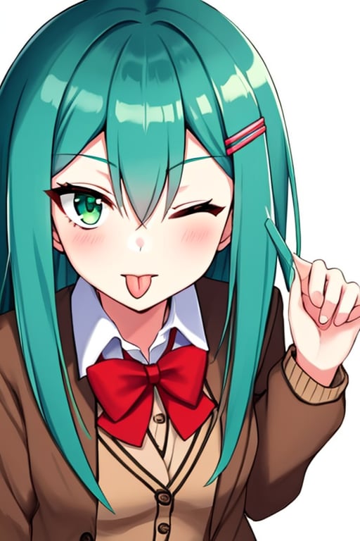 (masterpiece),(best quality), 

1girl, solo, long hair, looking at viewer, simple background, hair ornament, white background, bow, hair between eyes, school uniform, green eyes, jacket, upper body, one eye closed, tongue, hairclip, tongue out, bowtie, red bow, aqua eyes, aqua hair, blazer, cardigan, red bowtie, musical note, brown jacket, brown cardigan, akanbe