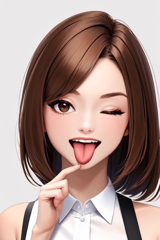 (masterpiece),(best quality), 

1girl, solo, looking at viewer, smile, short hair, open mouth, simple background, brown hair, shirt, white background, bare shoulders, brown eyes, white shirt, upper body, one eye closed, teeth, sleeveless, tongue, collared shirt, hand up, tongue out, sleeveless shirt, upper teeth only, wing collar, portrait, akanbe