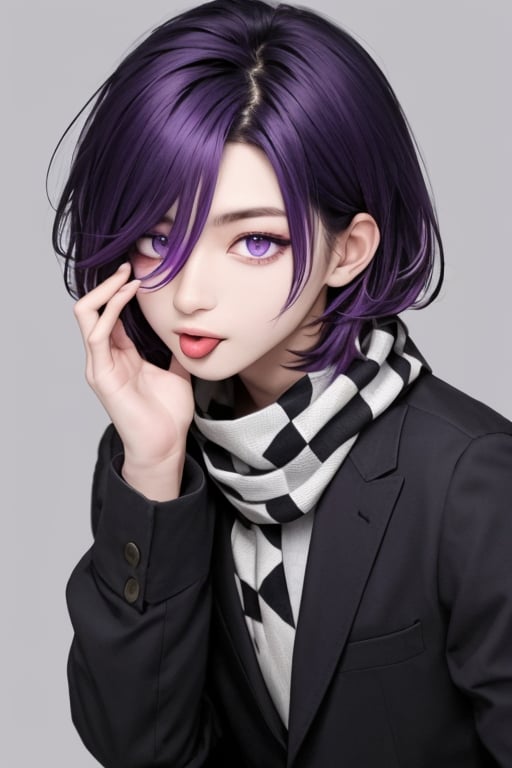 (masterpiece),(best quality), 

solo, looking at viewer, short hair, simple background, black hair, long sleeves, 1boy, hair between eyes, purple eyes, jacket, upper body, purple hair, male focus, multicolored hair, tongue, hand up, tongue out, medium hair, grey background, scarf, sketch, :p, checkered clothes, flipped hair, checkered scarf, straitjacket, akanbe