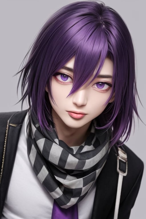 (masterpiece),(best quality), 

solo, looking at viewer, short hair, simple background, black hair, long sleeves, 1boy, hair between eyes, purple eyes, jacket, upper body, purple hair, male focus, multicolored hair, tongue, hand up, tongue out, medium hair, grey background, scarf, sketch, :p, checkered clothes, flipped hair, checkered scarf, straitjacket, akanbe