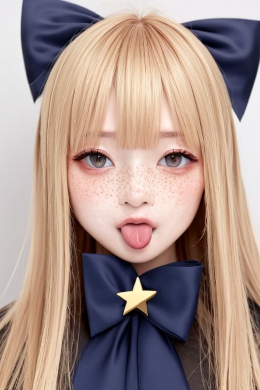 (masterpiece),(best quality), 
1girl, solo, looking at viewer, blush, blonde hair, red eyes, bow, ribbon, hair bow, tongue, tongue out, star (symbol), :p, freckles, akanbe