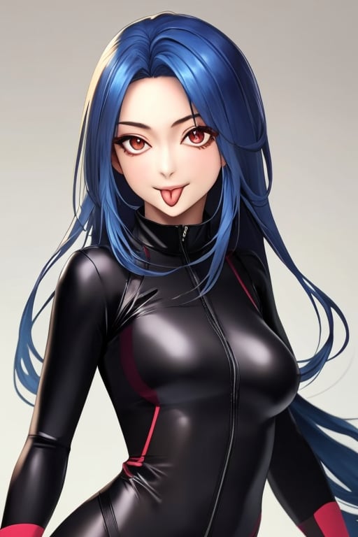 (masterpiece),(best quality), 

1girl, solo, long hair, looking at viewer, red eyes, gloves, brown eyes, medium breasts, blue hair, upper body, tongue, tongue out, bodysuit, :p, akanbe