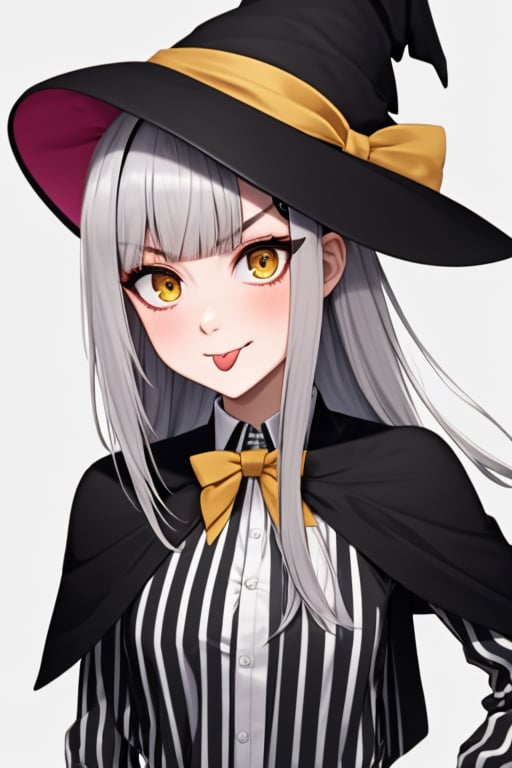 (masterpiece),(best quality), 

1girl, solo, long hair, looking at viewer, blush, smile, simple background, shirt, hair ornament, gloves, long sleeves, hat, white background, bow, closed mouth, yellow eyes, upper body, grey hair, hairband, tongue, black gloves, striped, tongue out, blunt bangs, bowtie, hair bun, v-shaped eyebrows, black headwear, capelet, witch hat, single hair bun, pink bow, vertical stripes, :p, striped shirt, single side bun, cone hair bun, tilted headwear, black capelet, pinstripe pattern, cropped shirt, vertical-striped shirt, akanbe, pinstripe shirt