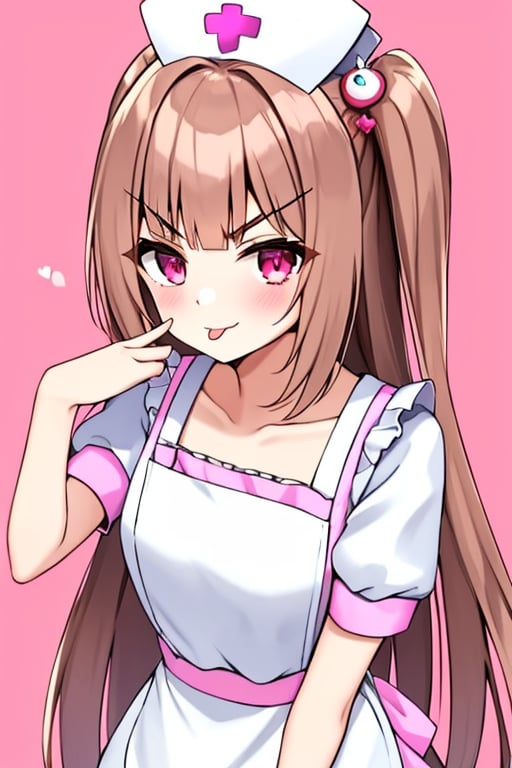 (masterpiece),(best quality), 

1girl, solo, long hair, looking at viewer, blush, smile, shirt, hair ornament, hat, closed mouth, collarbone, white shirt, upper body, short sleeves, heart, tongue, puffy sleeves, collared shirt, hand up, tongue out, pink eyes, two side up, puffy short sleeves, v-shaped eyebrows, pink background, light brown hair, >_<, :p, nurse cap, center frills, pink headwear, rabbit hair ornament, pink apron, akanbe