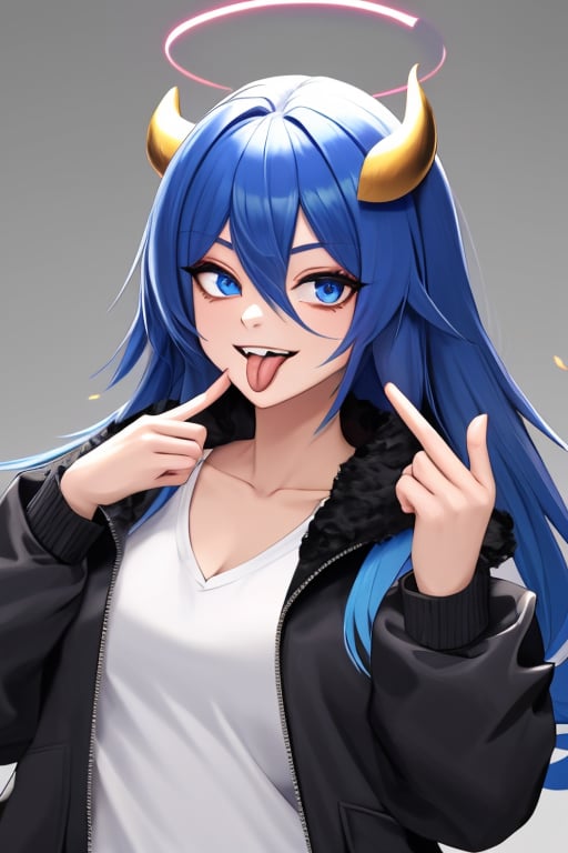 (masterpiece),(best quality), 


1girl, solo, long hair, looking at viewer, smile, open mouth, blue eyes, shirt, long sleeves, hair between eyes, blue hair, collarbone, jacket, white shirt, upper body, open clothes, wings, horns, teeth, tongue, hand up, tongue out, grey background, open jacket, black jacket, gradient, fur trim, gradient background, halo, demon horns, fur-trimmed jacket, detached wings, pointing at self, colored tongue, energy wings, blue tongue, akanbe