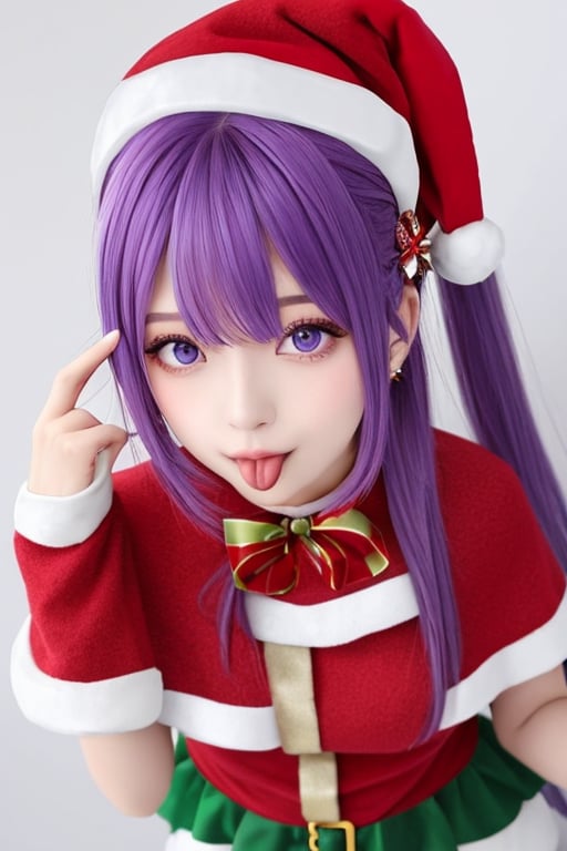 (masterpiece),(best quality), 

1girl, solo, long hair, looking at viewer, blush, hair ornament, hat, dress, hair between eyes, purple eyes, purple hair, ahoge, tongue, tongue out, side ponytail, fur trim, bell, capelet, from above, red dress, christmas, red headwear, :p, santa hat, santa costume, fur-trimmed capelet, fur-trimmed headwear, akanbe