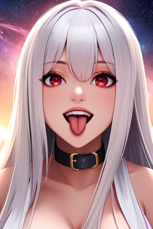 (masterpiece),(best quality), 

1girl, solo, long hair, looking at viewer, smile, open mouth, large breasts, red eyes, ribbon, jewelry, hair ribbon, flower, white hair, tongue, tongue out, collar, star (sky), pink ribbon, space, metal collar