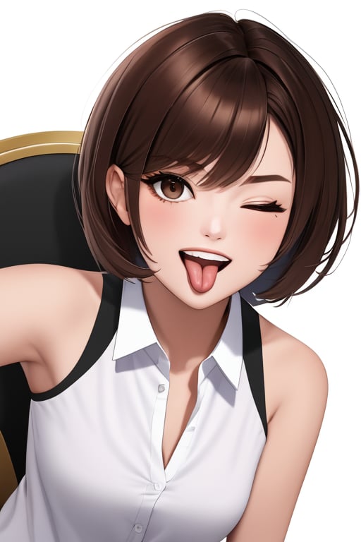 (masterpiece),(best quality), 

1girl, solo, looking at viewer, smile, short hair, open mouth, simple background, brown hair, shirt, white background, bare shoulders, brown eyes, white shirt, upper body, one eye closed, teeth, sleeveless, tongue, collared shirt, hand up, tongue out, sleeveless shirt, upper teeth only, wing collar, portrait, akanbe