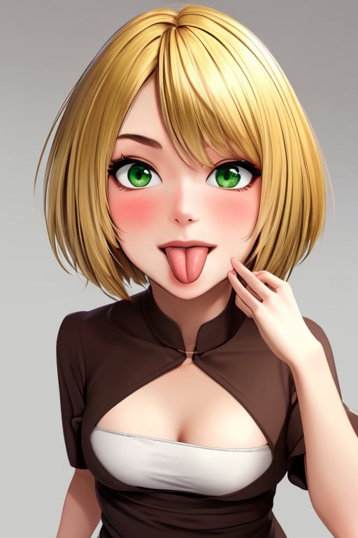 (masterpiece),(best quality), 

1girl, solo, blush, short hair, blonde hair, green eyes, tongue, tongue out, parody, :p, akanbe