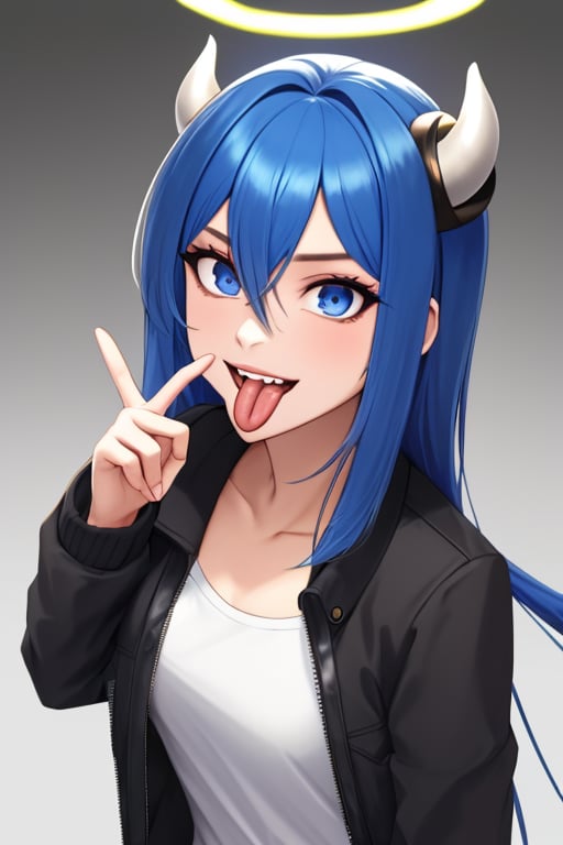 (masterpiece),(best quality), 


1girl, solo, long hair, looking at viewer, smile, open mouth, blue eyes, shirt, long sleeves, hair between eyes, blue hair, collarbone, jacket, white shirt, upper body, open clothes, wings, horns, teeth, tongue, hand up, tongue out, grey background, open jacket, black jacket, gradient, fur trim, gradient background, halo, demon horns, fur-trimmed jacket, detached wings, pointing at self, colored tongue, energy wings, blue tongue, akanbe