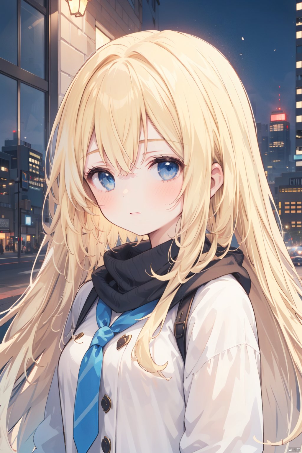  1girl, artist_name,blonde_hair, blue_eyes,city,cityscape,city lights