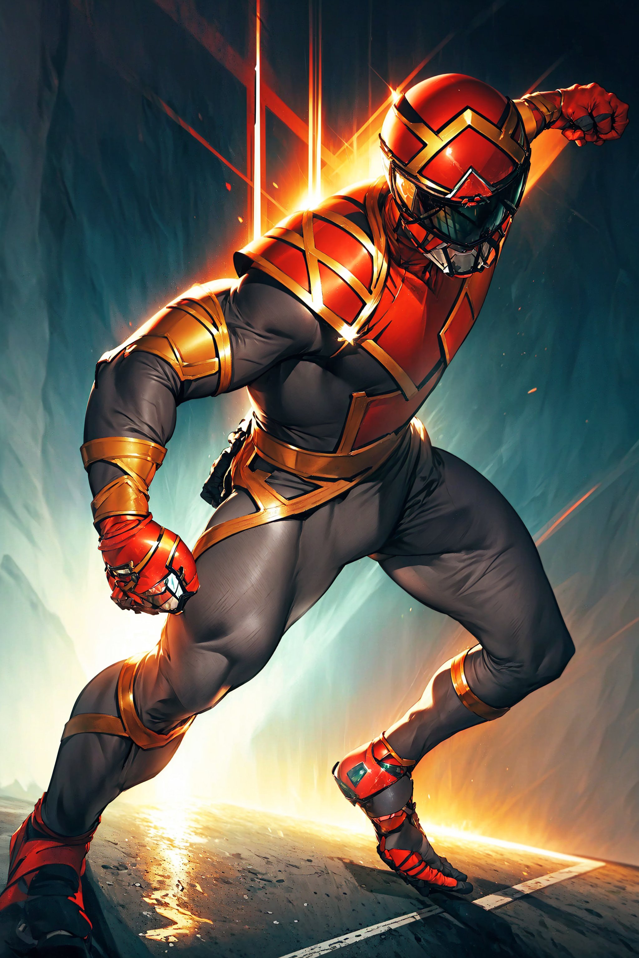((masterpiece, best quality)),,1boy, gloves, Red Omega Helmet, (athletic body:1.3), fighting_stance, foreshortening, volumetric lighting, dramatic effect, glamorous glow,dutch_angle,,OmegaRed