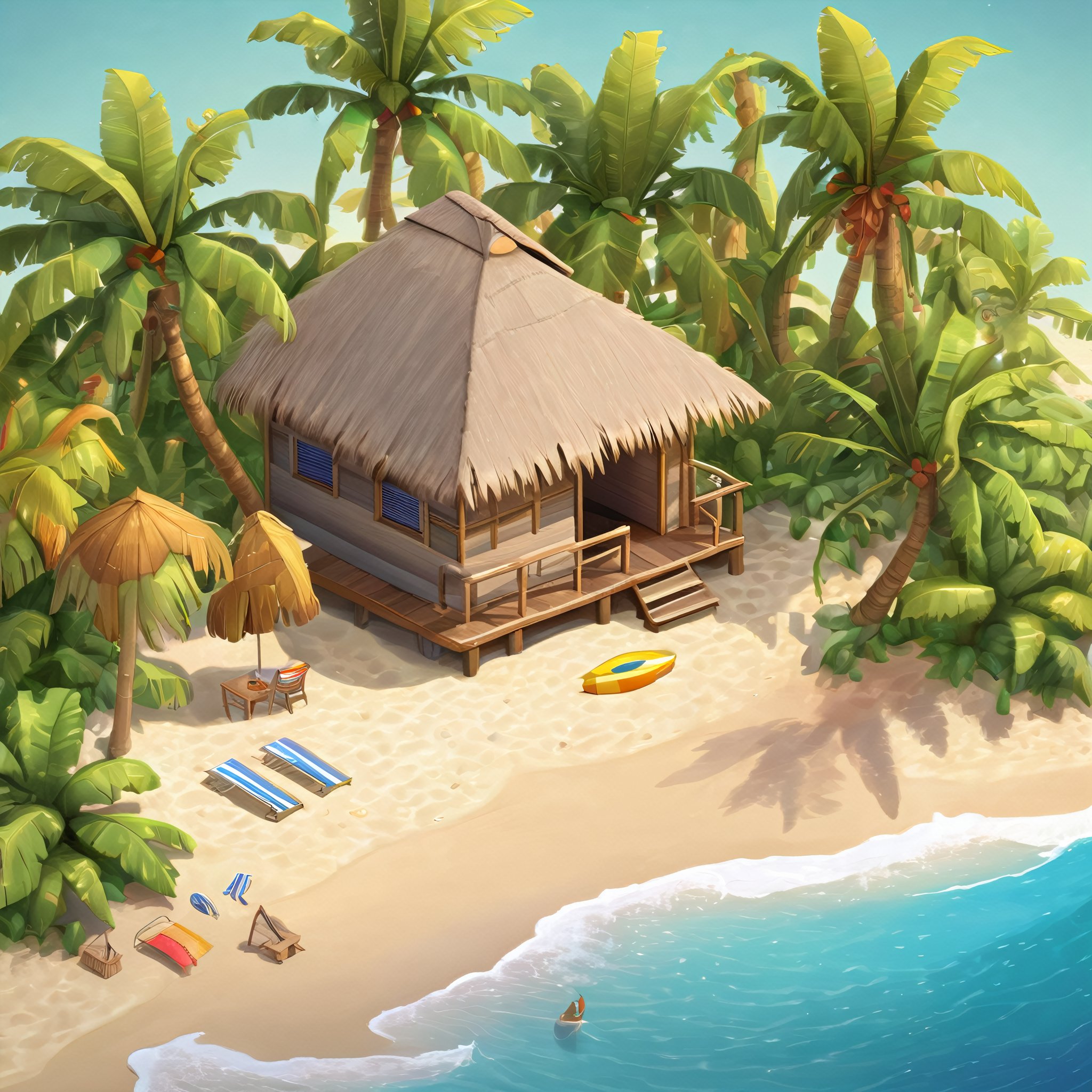 ((masterpiece,best quality)), absurdres , Isometric_Setting, highly detailed, Isometric_Setting, tropical beach and palm trees, tiny hut, ocean in background, 