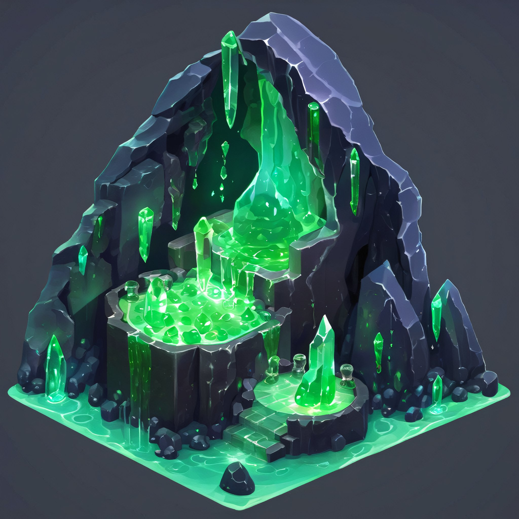 ((masterpiece,best quality)), absurdres , Isometric_Setting, highly detailed, Isometric_Setting, cave, green crystal, magic, green glowing, slime