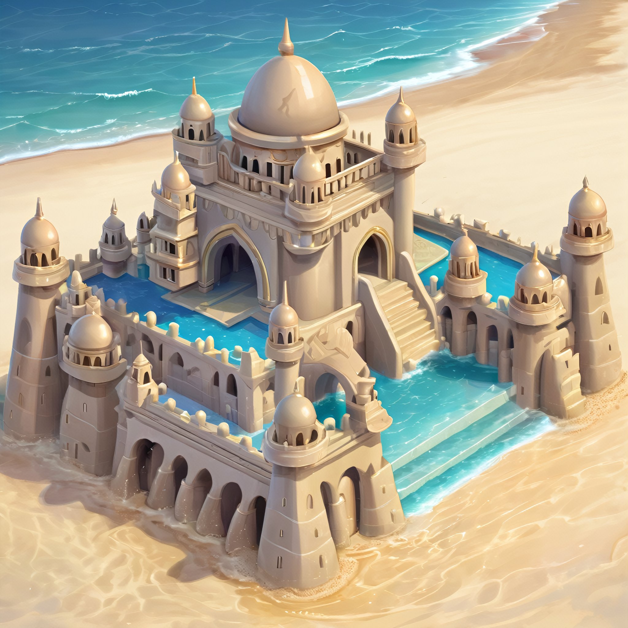 ((masterpiece,best quality)), absurdres , Isometric_Setting, highly detailed, sand castle, king neptune's water palace, 