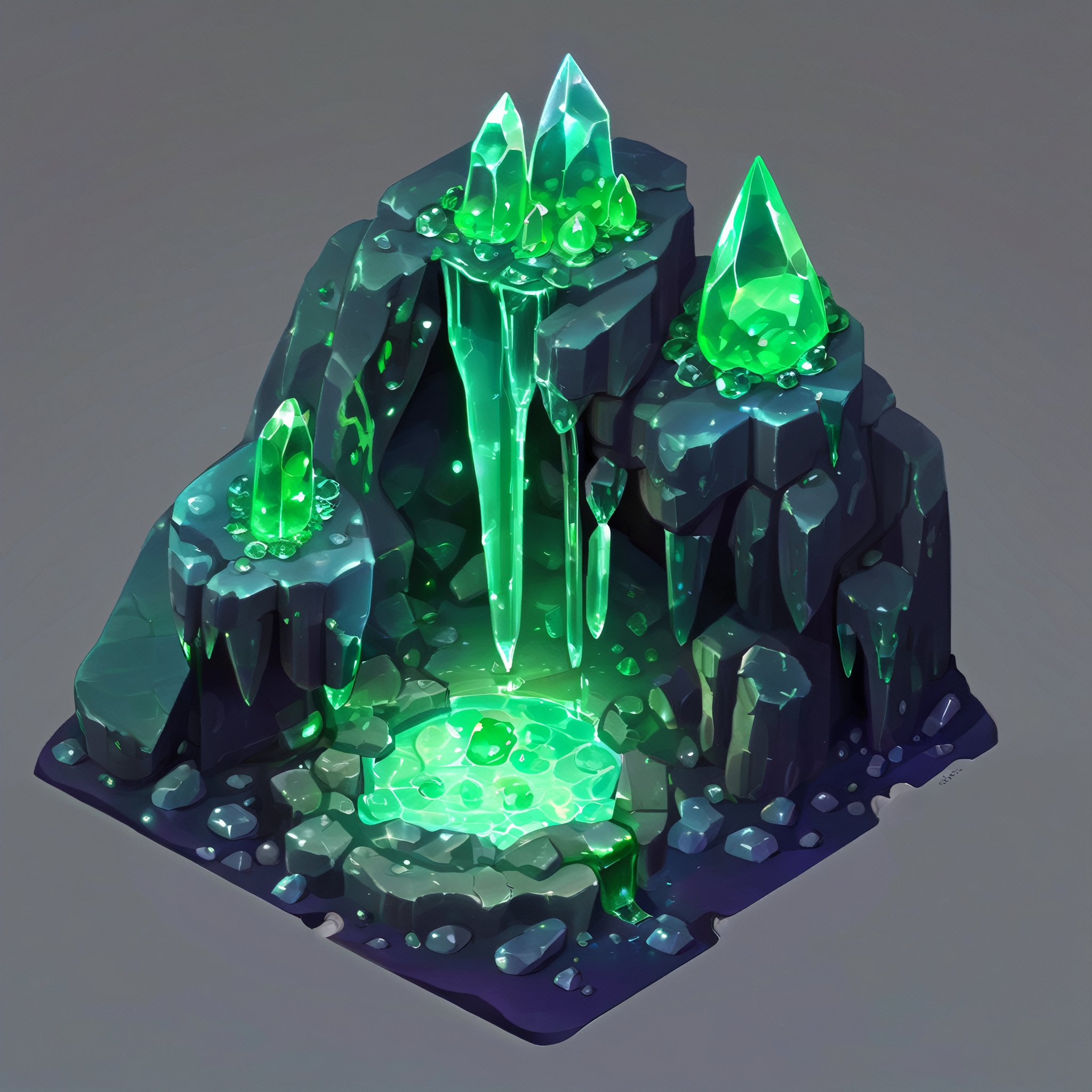 ((masterpiece,best quality)), absurdres , Isometric_Setting, highly detailed, Isometric_Setting, cave, green crystal, magic, green glowing, slime