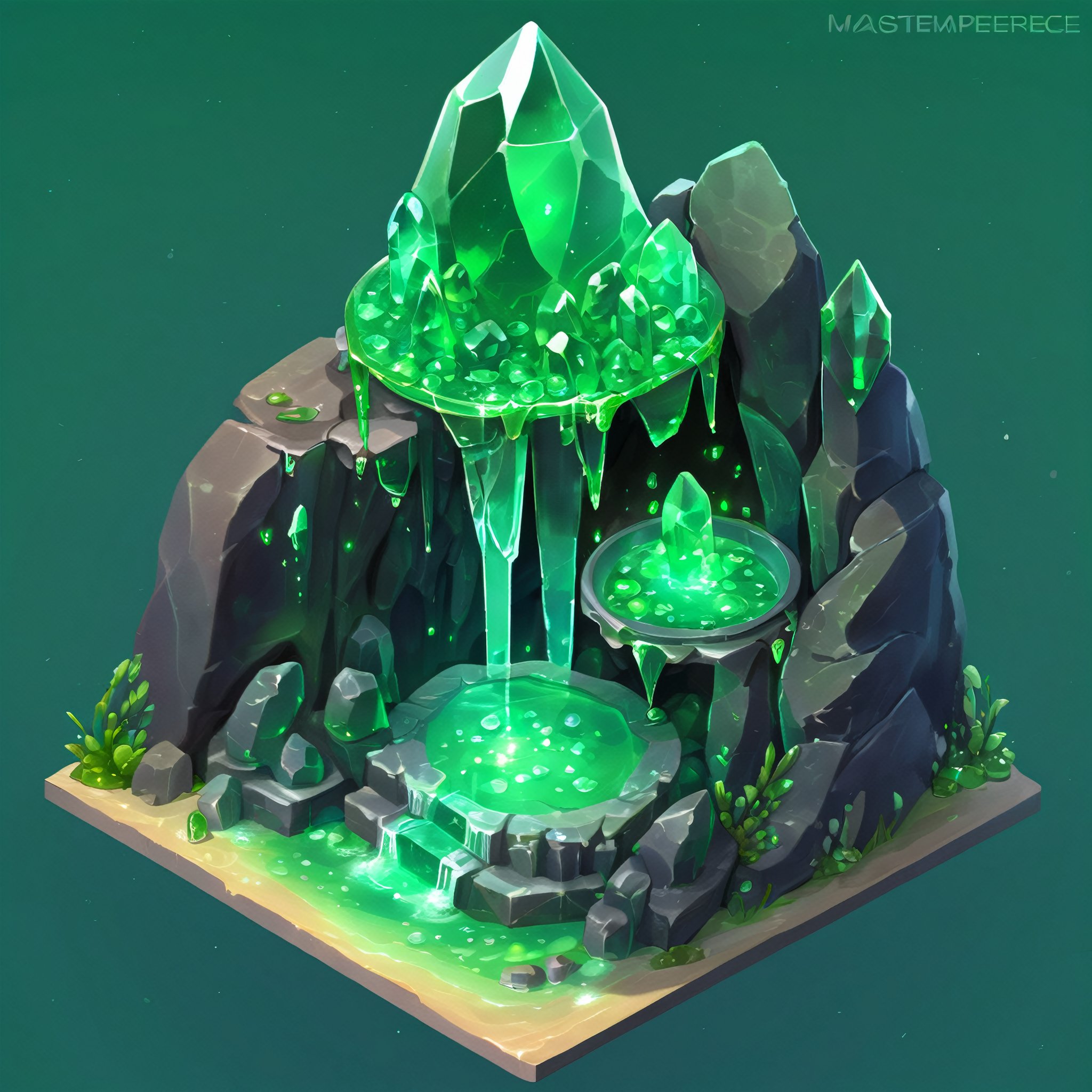 ((masterpiece,best quality)), absurdres , Isometric_Setting, highly detailed, Isometric_Setting, cave, green crystal, magic, green glowing, slime