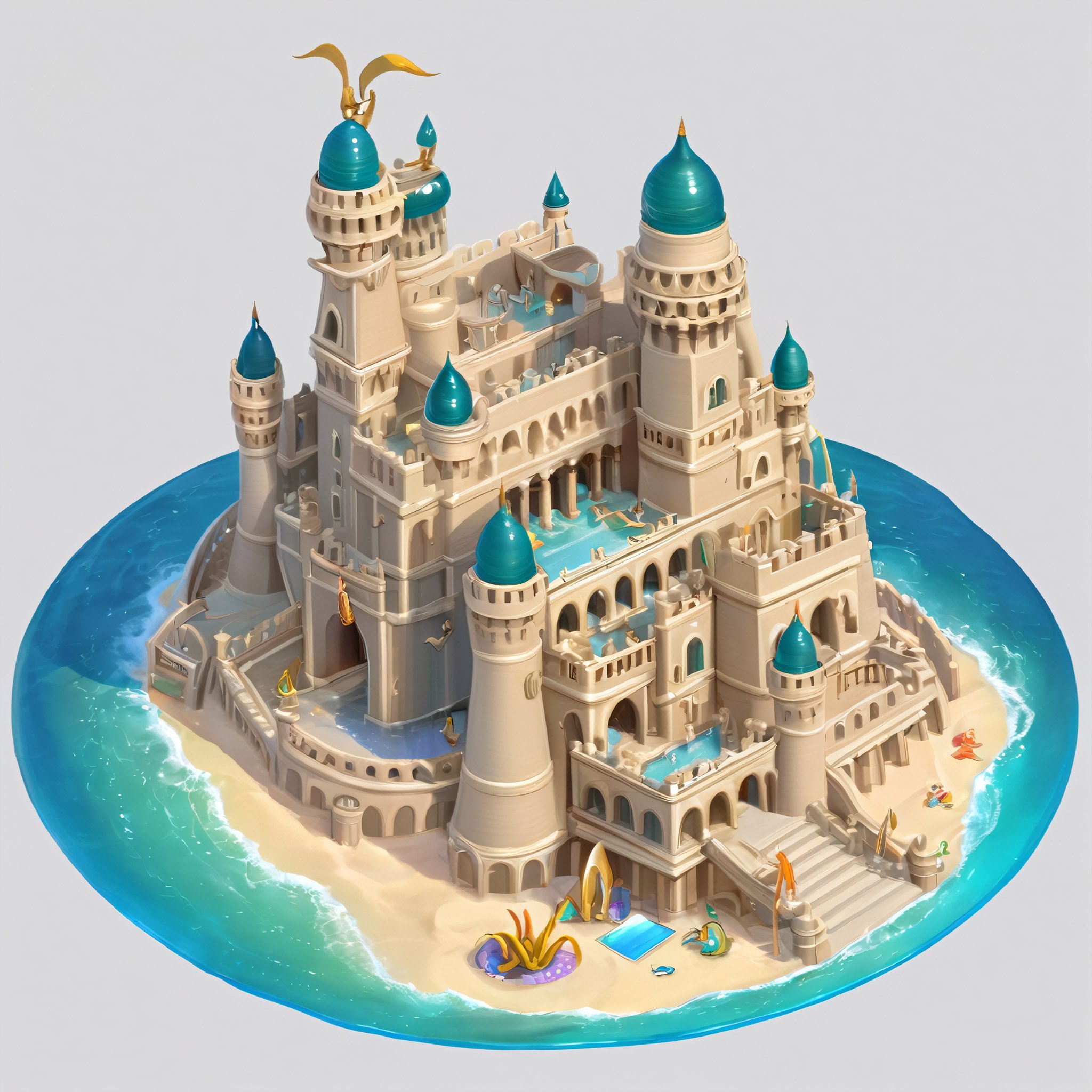 ((masterpiece,best quality)), absurdres , Isometric_Setting, highly detailed, sand castle, king neptune's water palace, 