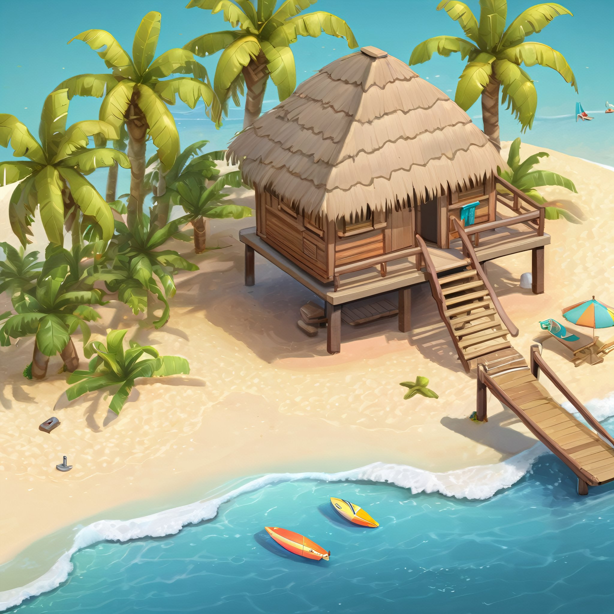 ((masterpiece,best quality)), absurdres , Isometric_Setting, highly detailed, Isometric_Setting, tropical beach and palm trees, tiny hut, ocean in background, 
