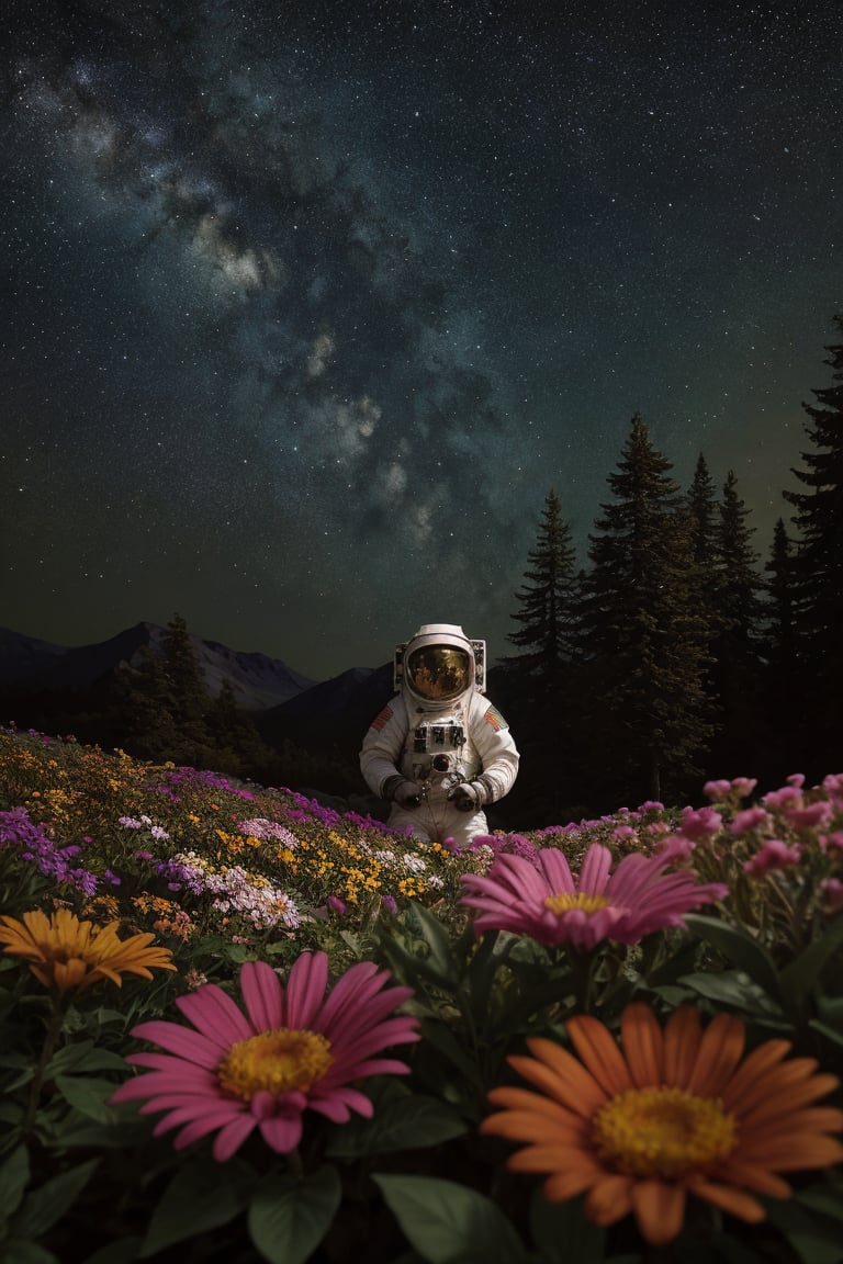 ((closeup)), "Floral Astronaut", luminous mesmerizing colors, a blend of different landscapes, High Detail, old, surreal, casting gentle shadows and creating a warm ambiance. The color scheme consists of neutral tones and earthy colors, cultures, shining stars, tree, dramatic lighting, hdr, Antonio Moro, (masterpiece) , detailed, realistic, 8k uhd, high quality