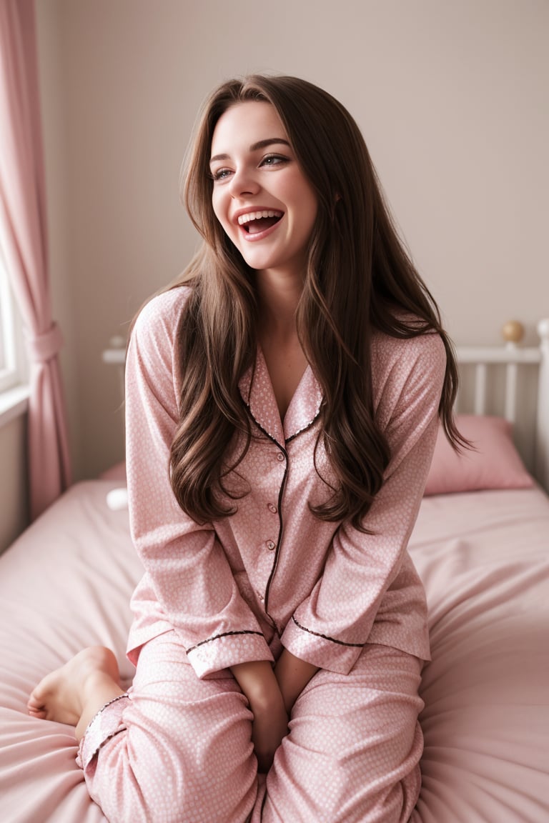 cute woman, detailed skin, brunette, long hair, laughing, pajamas, bedroom