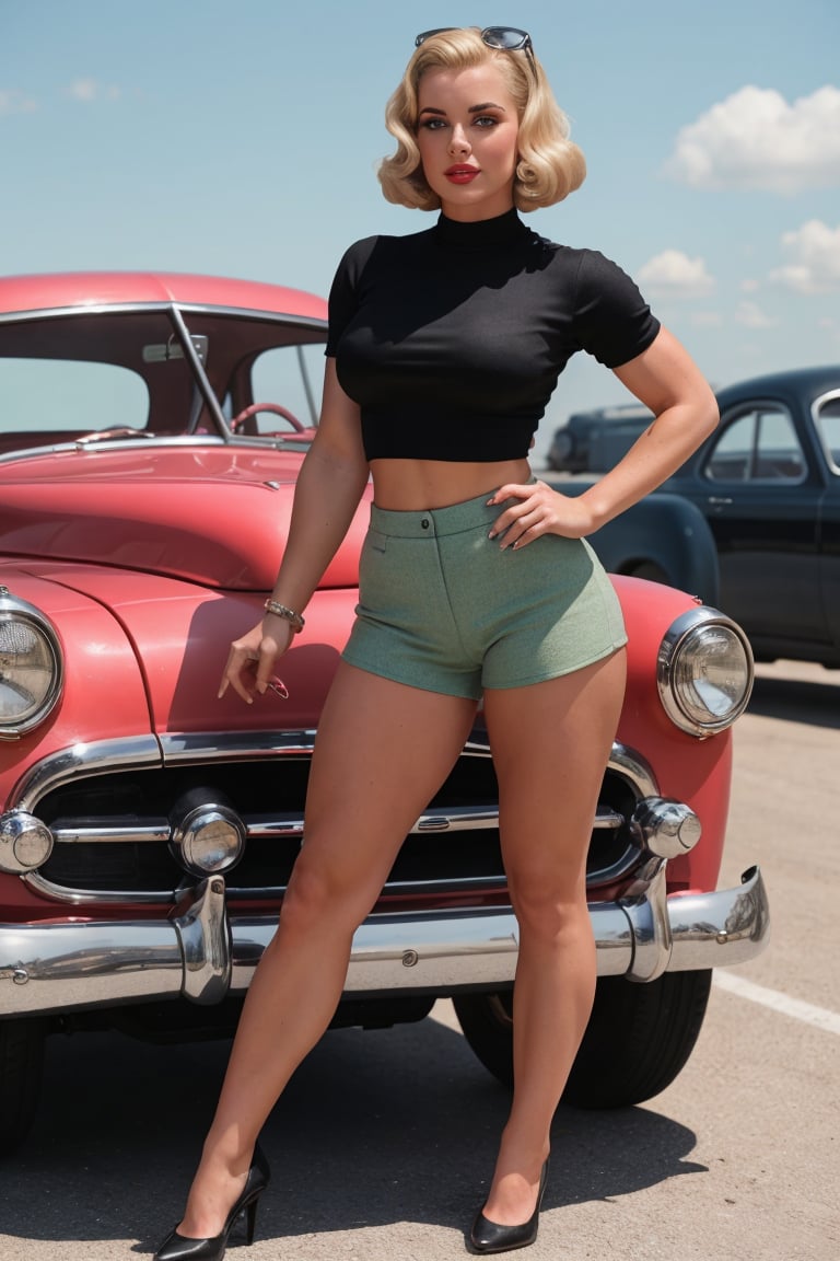 1950's sytle blonde woman, hot pants, tight top, standing in front of muscle car