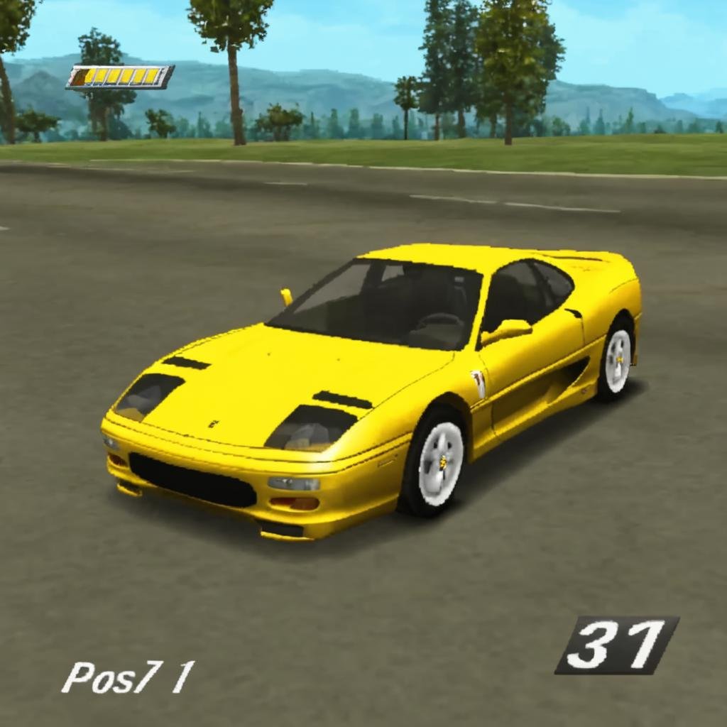 Racing Game car, yellow ferrari, playstation 1 graphics, PS1 Game, <lora:PS1ScreencapPashOriginalDEBNoRP:1>