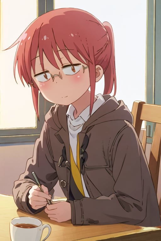 best quality, masterpiece, highres, solo, {kobayashi_kobayashisanchinomaidragon:1.15}, glasses, red_hair, blush, ponytail, bangs, closed_mouth, brown_eyes, 1girl, closed_eyes