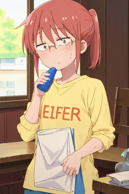 best quality, masterpiece, highres, solo, {kobayashi_kobayashisanchinomaidragon:1.15}, glasses, red_hair, blush, ponytail, bangs, closed_mouth, brown_eyes, 1girl, looking_at_viewer, shirt, yellow_shirt, upper_body, sweat, sweatdrop, clothes_writing