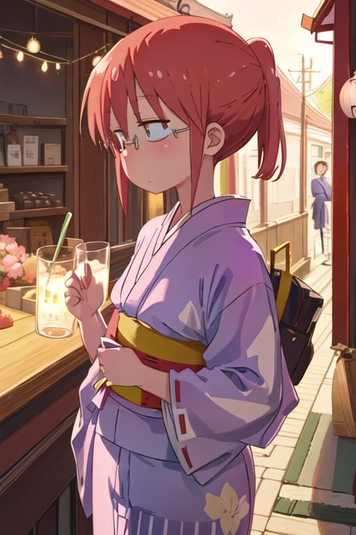 best quality, masterpiece, highres, solo, {yukata:1.40}, {kimono:1.20}, {kobayashi_kobayashisanchinomaidragon:1.15}, glasses, red_hair, blush, ponytail, bangs, closed_mouth, brown_eyes