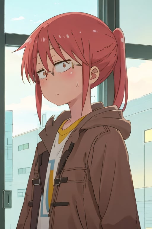 best quality, masterpiece, highres, solo, {kobayashi_kobayashisanchinomaidragon:1.15}, glasses, red_hair, blush, ponytail, bangs, closed_mouth, brown_eyes, 1girl, hair_between_eyes, jacket, looking_at_viewer, shirt, sweat, brown_jacket, white_shirt, indoors, sweatdrop